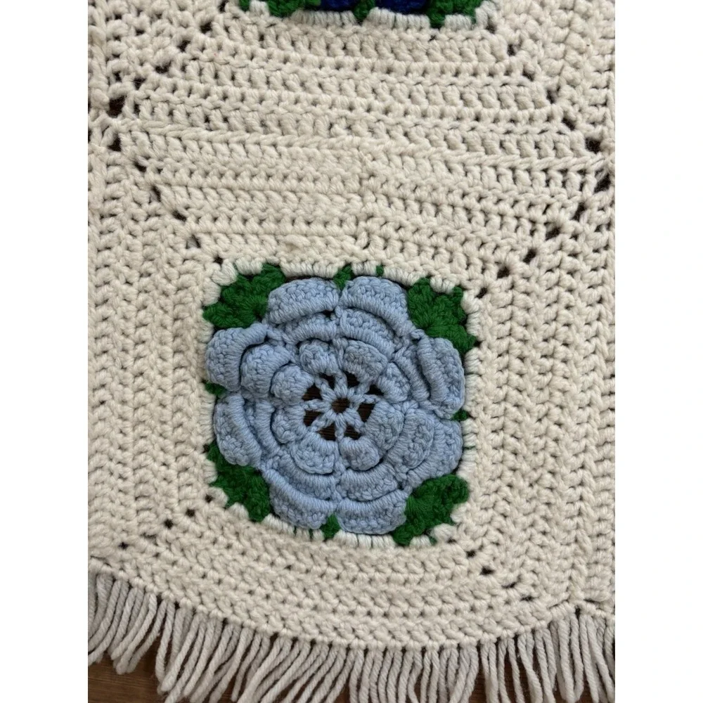 Granny square Handmade 3D Crochet Flower Afghan Blanket Blue White 39
